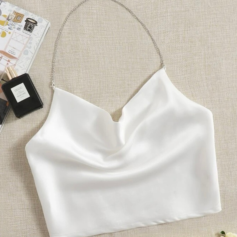 SHEIN small white satin halter neck top with chain strap